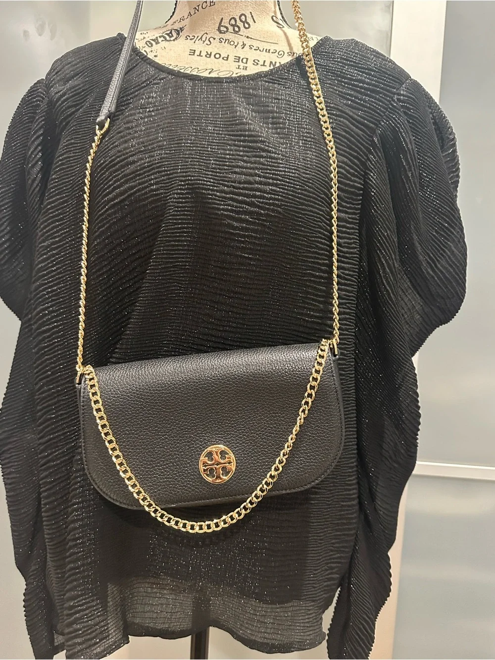 Tory Burch Black Pebbled Leather Crossbody with Gold Chain